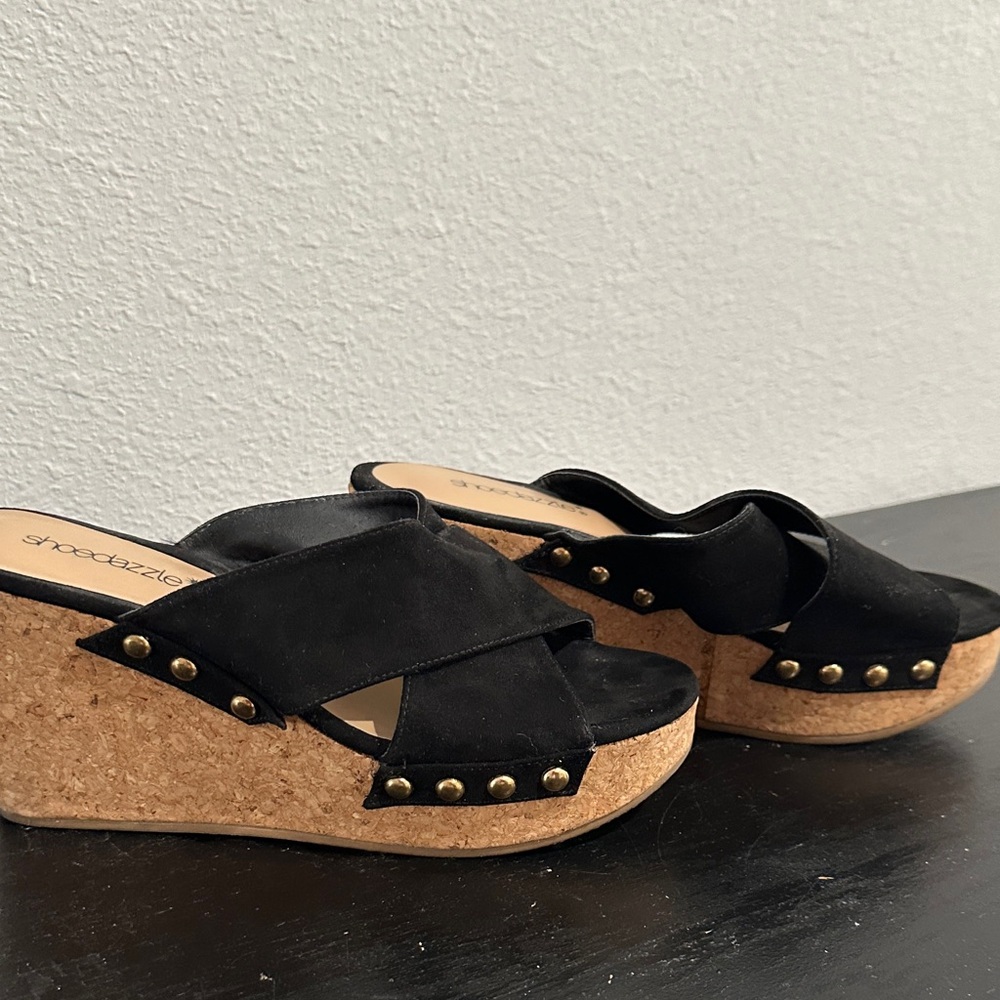 Shoe Dazzle Black Cork Wedge Slide Sandals with Stud Accents - Picture 8 of 8